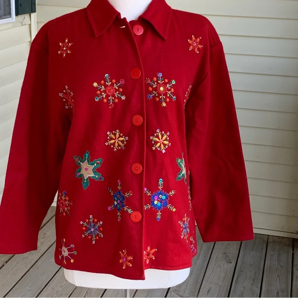 KEREN HART Heavyweight Wool Christmas Jacket Top L Sequin Embroidered Snowflake